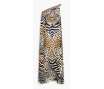 One-shoulder embellished printed silk-crepe maxi dress - Animal print