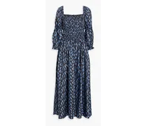 Harper shirred floral-print silk-twill maxi dress - Blue