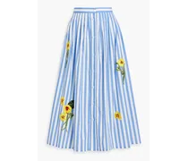 Embroidered striped cotton-blend poplin midi skirt - Blue