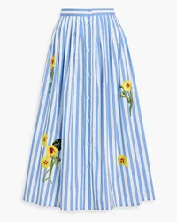 Oscar de la Renta Embroidered striped cotton-blend poplin midi skirt - Blue Blue