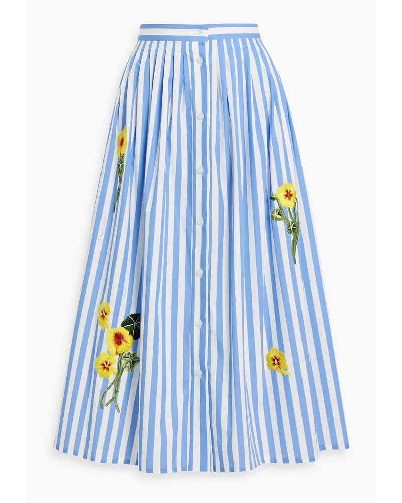 Oscar de la Renta Embroidered striped cotton-blend poplin midi skirt - Blue Blue