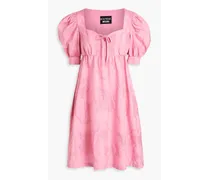 Bow-detailed gathered cotton-jacquard mini dress - Pink