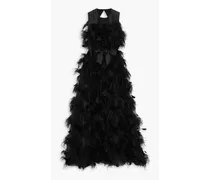 Mystique feather-trimmed cutout silk-organza gown - Black