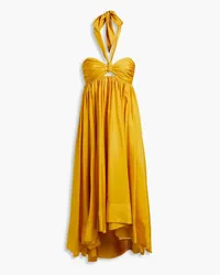 Zimmermann Asymmetric gathered silk-voile halterneck midi dress - Yellow Yellow