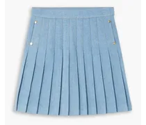 Button-embellished pleated denim mini skirt - Blue