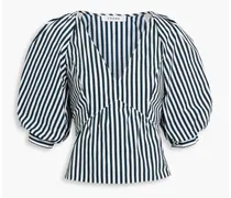 Gathered striped cotton-poplin top - Blue