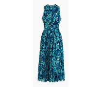 Pleated floral-print chiffon midi dress - Blue