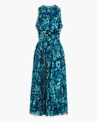 Badgley Mischka Pleated floral-print chiffon midi dress - Blue Blue