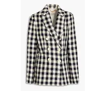 Double-breasted gingham linen blazer - Blue