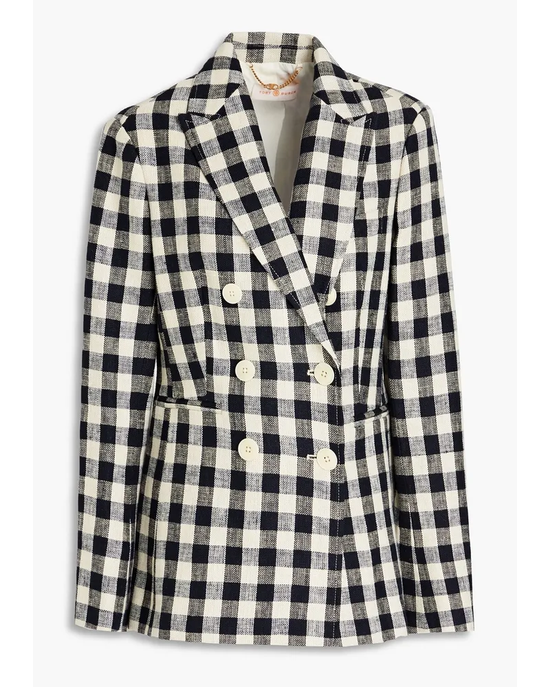 Double-breasted gingham linen blazer - Blue