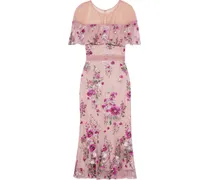 Cape-effect embroidered glittered tulle midi dress - Pink
