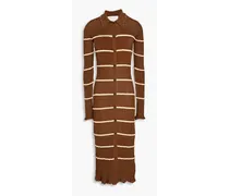 Striped ribbed cotton-blend midi shirt dress - Brown
