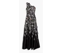 One-shoulder embroidered duchesse-satin gown - Black