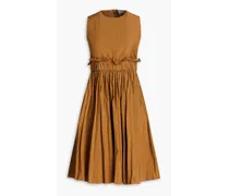 Ruffled pleated cotton-blend poplin dress - Brown
