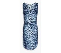 Ruched leopard-print stretch-jersey mini dress - Blue