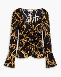 Ganni Ruched printed silk-blend satin blouse - Black Black