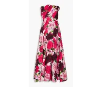 Strapless pleated floral-print cotton-poplin midi dress - Pink