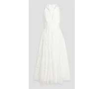 Crepon-paneled guipure lace midi dress - White