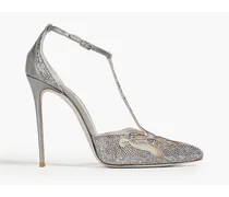 Crystal-embellished metallic leather and tulle pumps - Gray