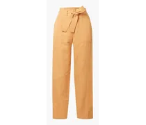 Belted cotton, linen and TENCEL™-blend twill straight-leg pants - Yellow