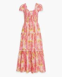 LoveShackFancy Elisabelle shirred floral-print cotton and silk-blend maxi dress - Orange Orange