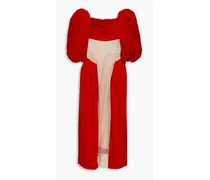 Tulle-paneled cotton-velvet midi dress - Red