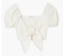 Eva cropped tie-front linen top - White