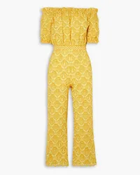 Saloni Juli shirred off-the-shoulder broderie anglaise cotton jumpsuit - Yellow Yellow