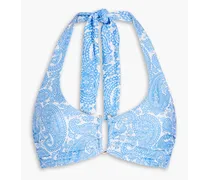 Paisley-print stretch-piqué halterneck bikini top - Blue