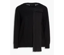 Pleated crepe-trimmed wool sweater - Black