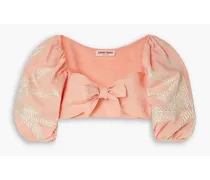 Thaia cropped bow-detailed embroidered linen top - Pink