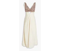 Wrap-effect bouclé tweed-paneled cady maxi dress - White