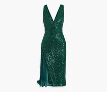 Satin-paneled sequined tulle dress - Green