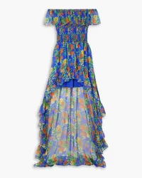 Caroline Constas Della off-the-shoulder asymmetric ruffled floral-print silk-chiffon gown - Blue Blue