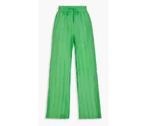 Lattice-trimmed cotton and silk-blend wide-leg pants - Green