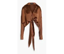 Cropped tie-detailed satin shirts - Brown