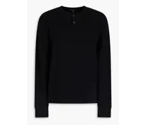 Brushed waffle-knit cotton and cashmere-blend Henley T-shirt - Black