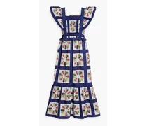 Pippin printed patchwork-effect shirred cotton midi dress - Blue