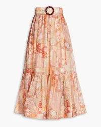 Zimmermann Belted printed linen and silk-blend gauze midi skirt - Pink Pink