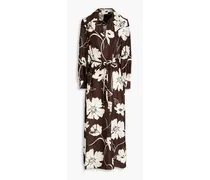 Belted floral-print silk-dupioni midi dress - Brown