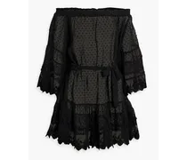 Alice off-the-shoulder lace-paneled Swiss-dot mini dress - Black