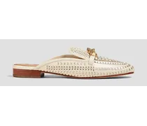 Jessa chain-embellished woven metallic leather slippers - White