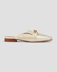 Tory Burch Jessa chain-embellished woven metallic leather slippers - White White