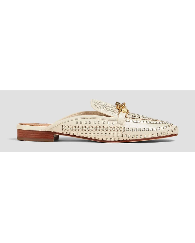 Tory Burch Jessa chain-embellished woven metallic leather slippers - White White