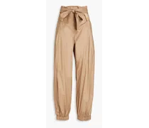 Belted pleated cotton-blend tapered pants - Neutral