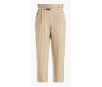 Bead-embellished striped linen-blend tapered pants - Neutral