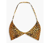 Twist-front leopard-print triangle bikini top - Yellow