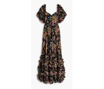Ruffled floral-print chiffon maxi dress - Black
