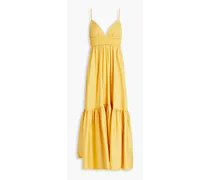 Shirred cutout cotton-blend midi dress - Yellow
