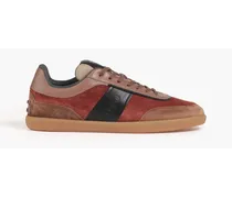 Leather-trimmed suede sneakers - Red